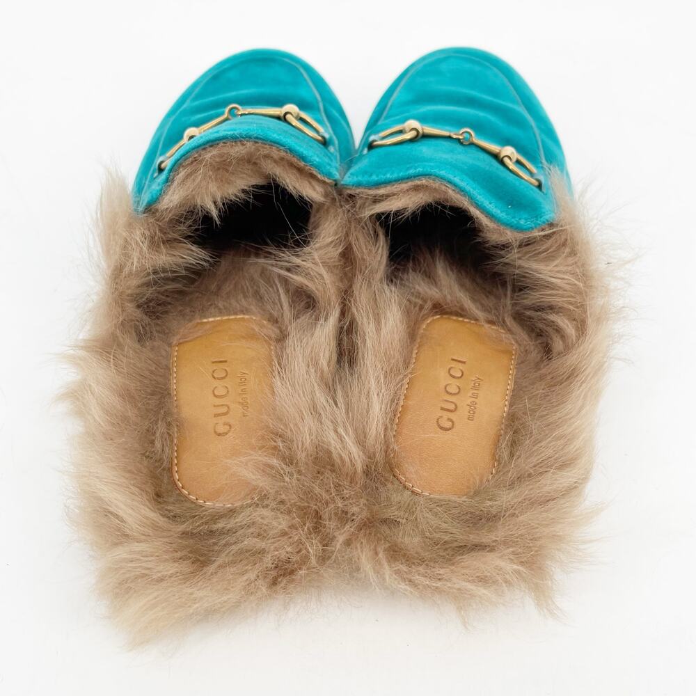 Gucci Teal Velvet Fur Lined Princetown Horsebit Mule Slipper Flats EU 37 - Picture 6 of 9
